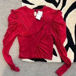 NWT INTERMIX Red Long Sleeve Asymmetrical Ruched Blouse